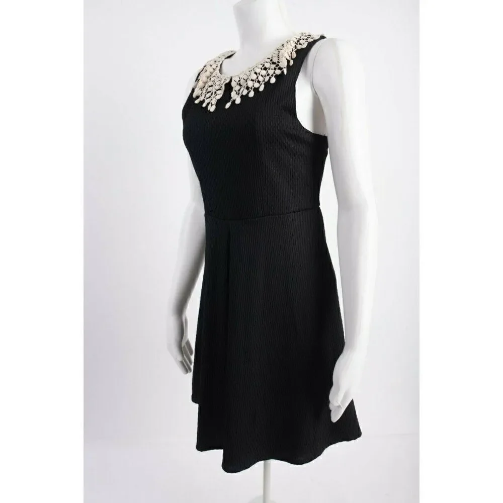 Free People Womens A-Line Dress S Black Waffle Knit White Fringe Sleeveless NWT